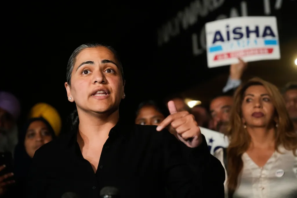 State Sen. Aisha Wahab speaking at an election night event.