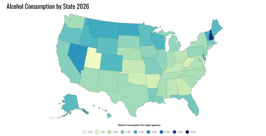 Illustration of a U.S. map showing alcohol consumption by state in 2026, with states colored according to per capita ethanol consumption in gallons, ranging from light yellow (1.00 gallons) to dark blue (5.00 gallons).