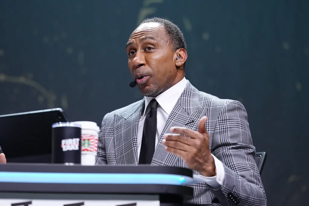 Stephen A. Smith speaking onstage during the First Take Live panel.