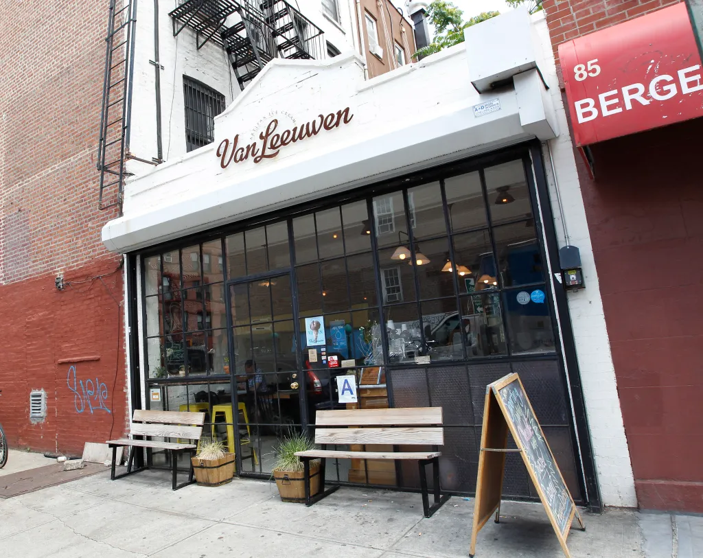Van Leeuwen Ice Cream shop on Bergen Street in New York, with a red awning displaying 