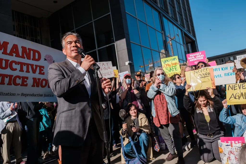 California Attorney General Rob Bonta addresses pro-choice protesters in San Francisco.