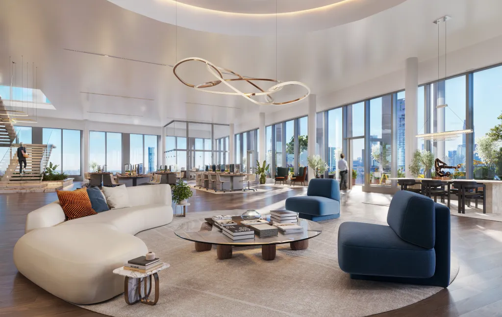 Illustration of a spacious, modern office interior with large windows and various seating areas.