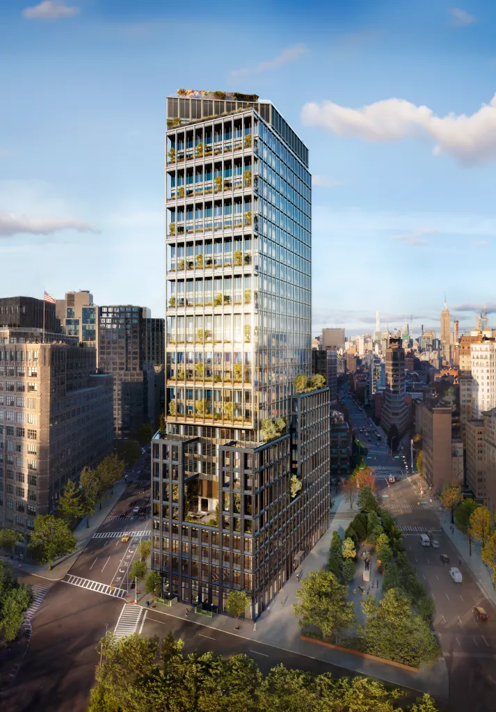 Illustration of the One Grand building in Hudson Square, with a view of a street and distant cityscape.