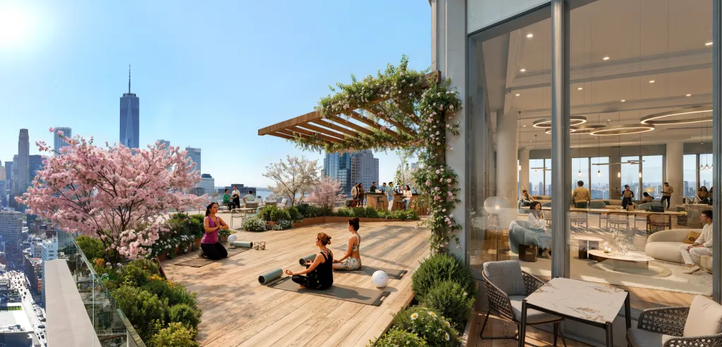 Illustration of a rooftop terrace with people practicing yoga and socializing, with city buildings in the background.