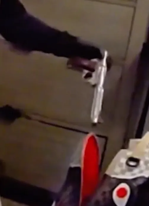 Person holding a silver revolver.