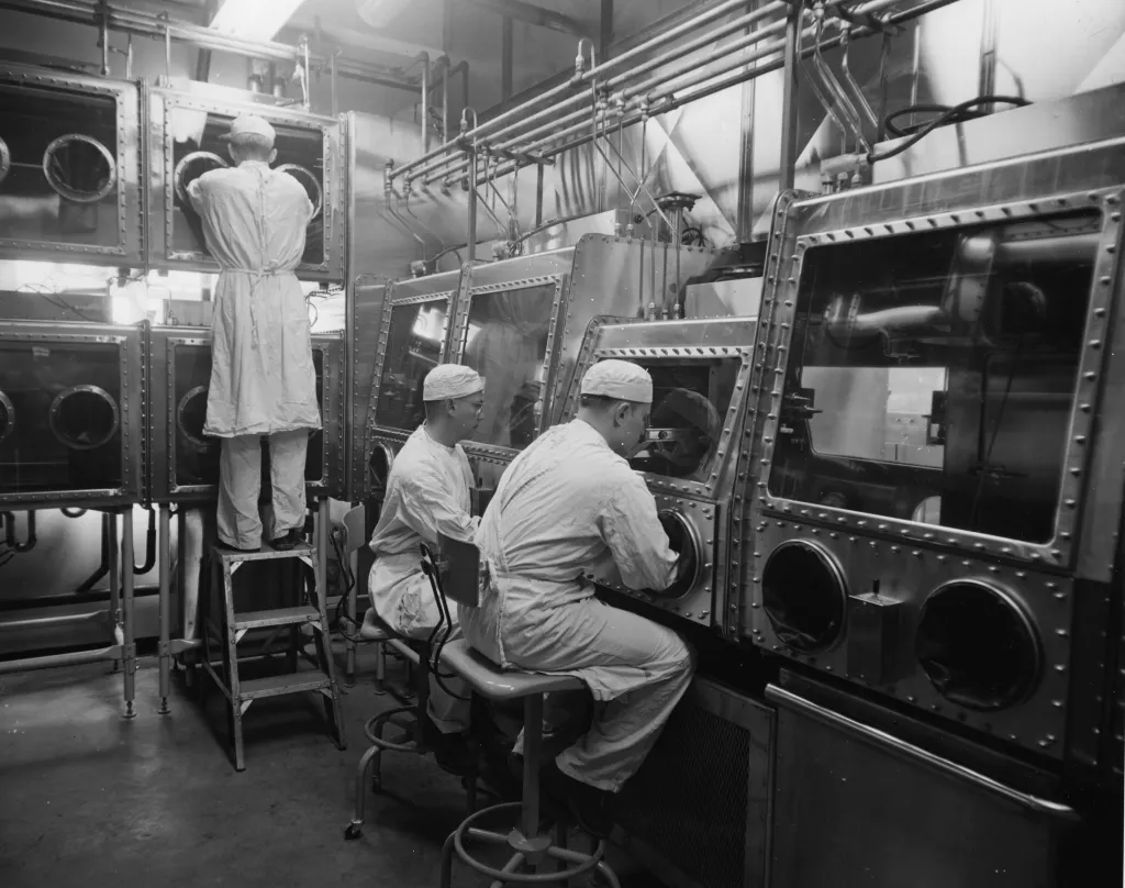 Technicians working in a laboratory at Fort Detrick, Maryland, in the late 1960s.