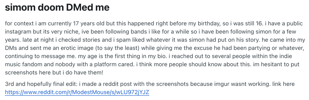 Text post about a musician sending inappropriate messages to a 16-year-old.