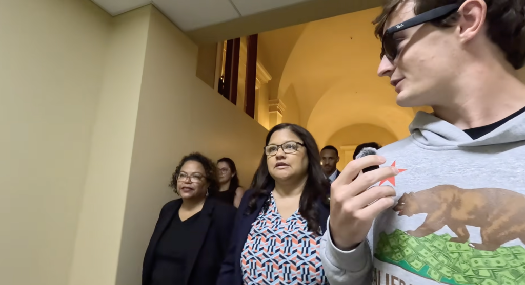 Terry Schanz, chief of staff to Democratic Assemblywoman Tina McKinnor, holding a sign while interrupting Nick Shirley's interview.