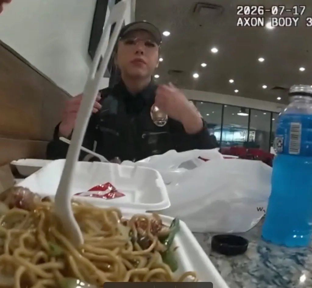 A police officer sitting at a table with a meal of noodles in front of them, wearing glasses and a uniform.