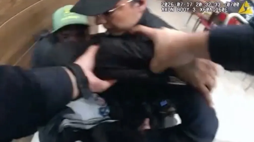 A bodycam video showing two police officers in uniform detaining a man in a black jacket and green cap.