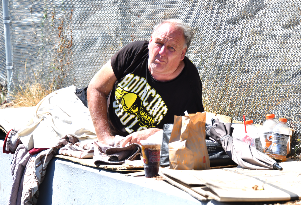Tim Roller, a homeless man, in his regular encampment in Los Angeles.