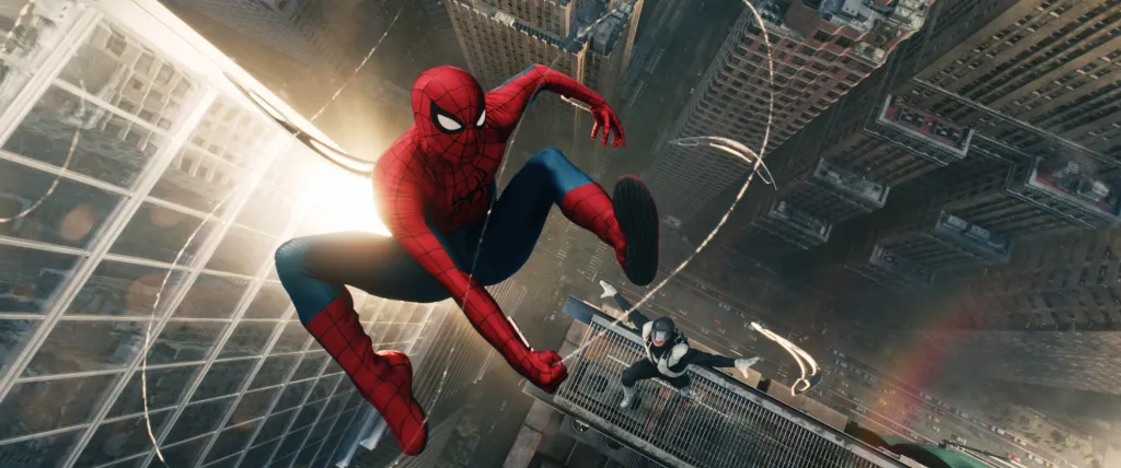 Tom Holland as Spider-Man swinging through a city street, with Boomerang below.