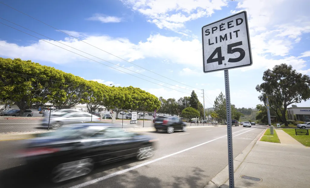 Traffic on Balboa Avenue in San Diego, California, where the speed limit is 45 mph.