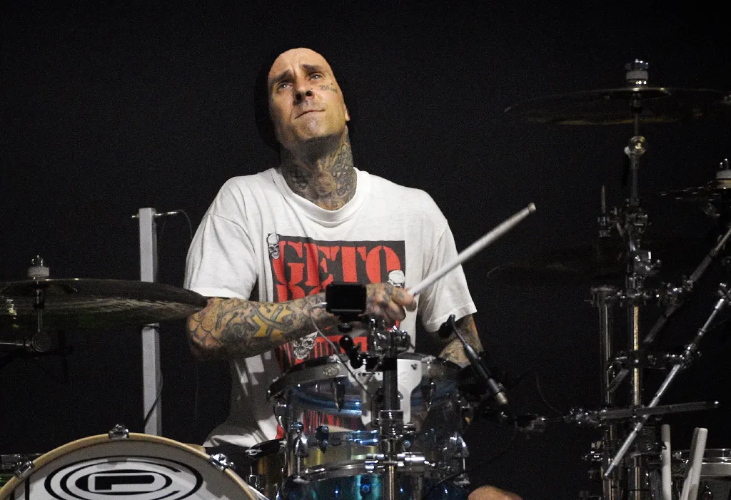 Travis Barker of Blink-182 performs on drums.