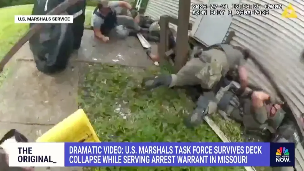US Marshals collapsing as a deck gives way beneath them.