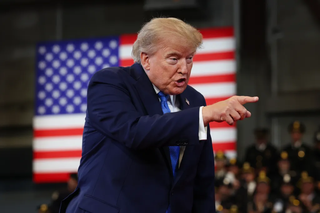 President Donald Trump arrives to deliver remarks at the David S. Mack Center for Training and Intelligence on August 14, 2026 in Garden City, New York.