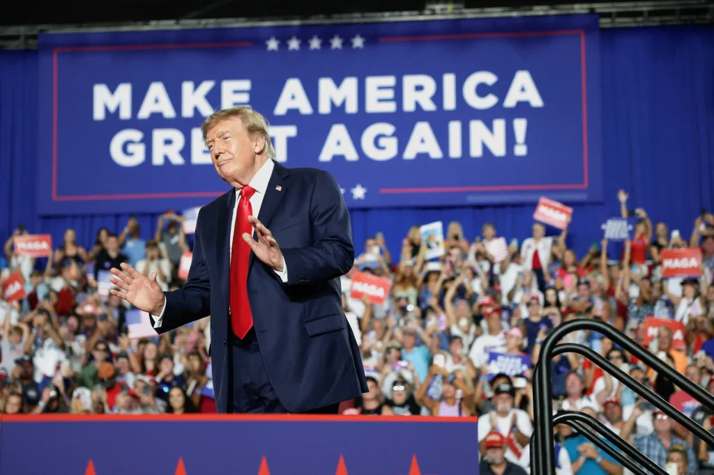 President Donald Trump addresses a campaign rally for Senator Darline Graham with a 