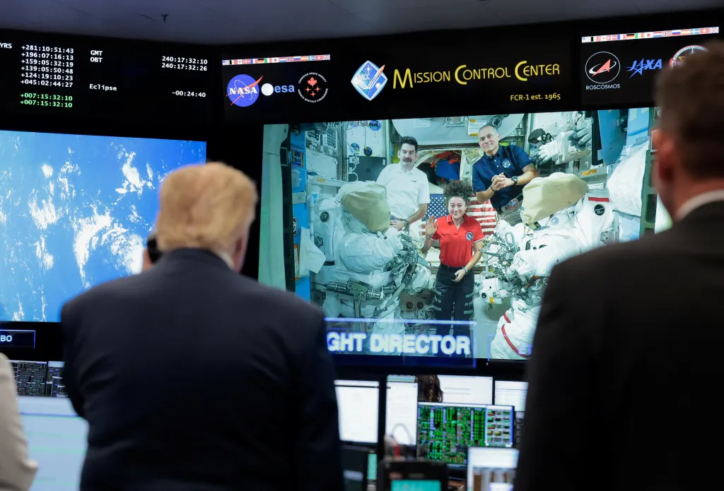 President Trump on a video call with ISS crew from NASA Mission Control Center.