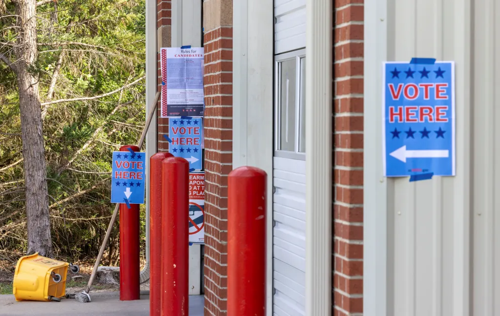 Polling station signage at a Republican primary runoff in Lexington, South Carolina.