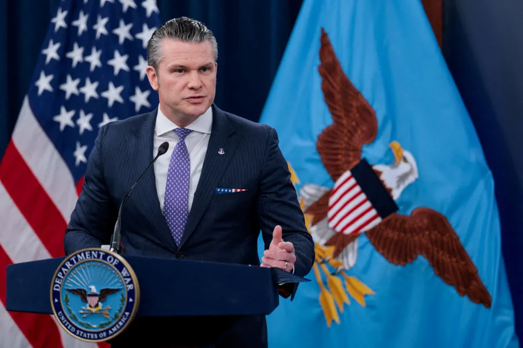 US Secretary of War Pete Hegseth speaks during a briefing at the Pentagon in Washington, DC, on Saturday, July 18, 2026.
