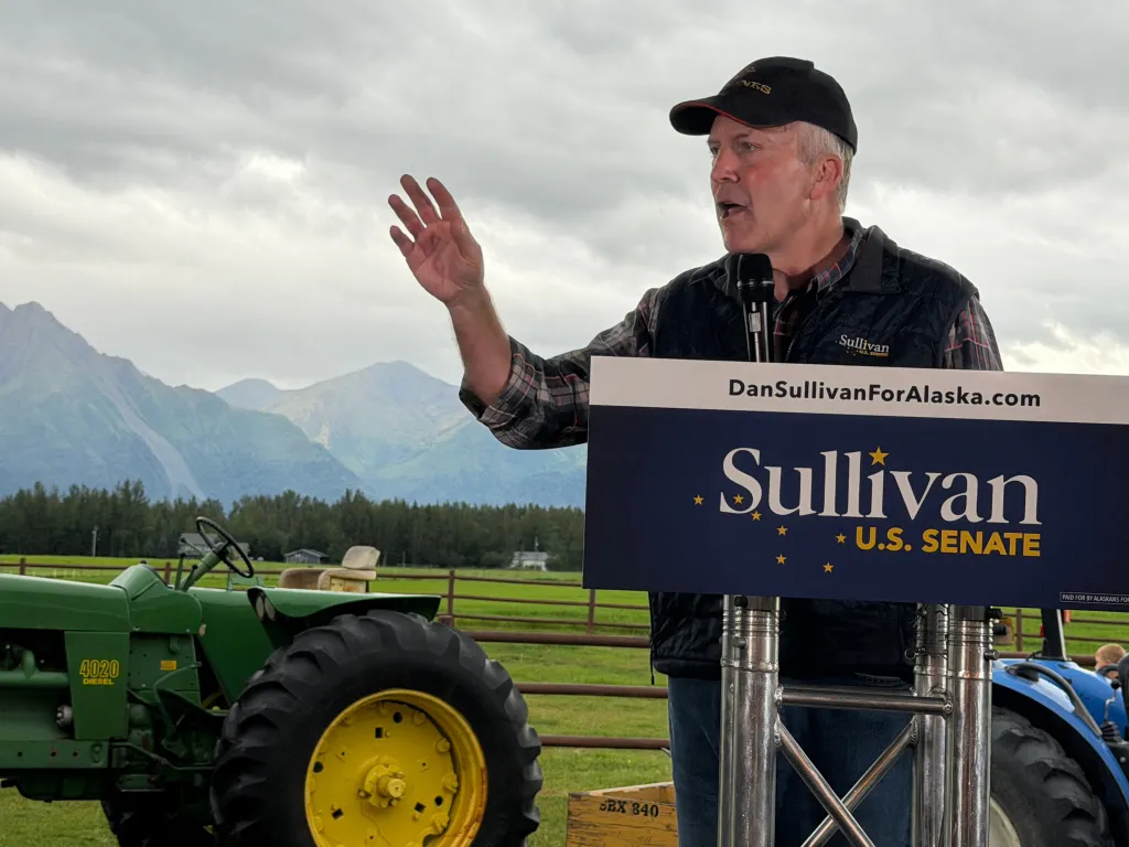 U.S. Sen. Dan Sullivan, R-Alaska, speaks at a get out the vote event held at a farm in Palmer, Alaska.