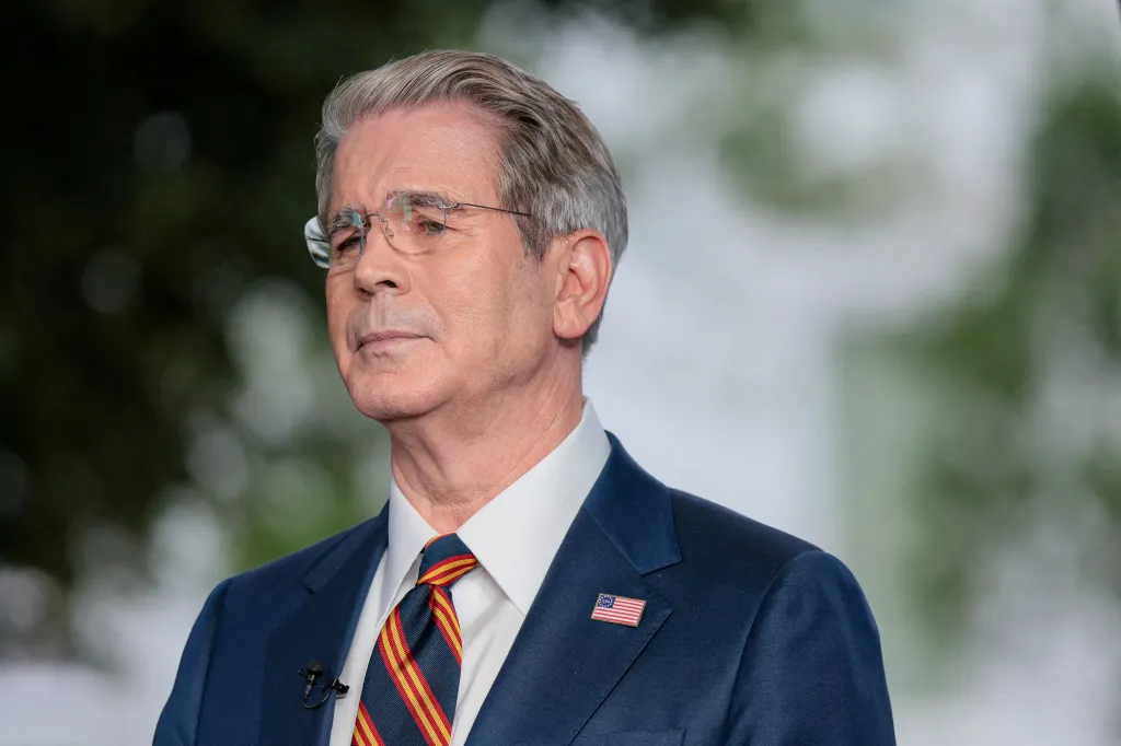 U.S. Treasury Secretary Scott Bessent attends a media interview at the White House.