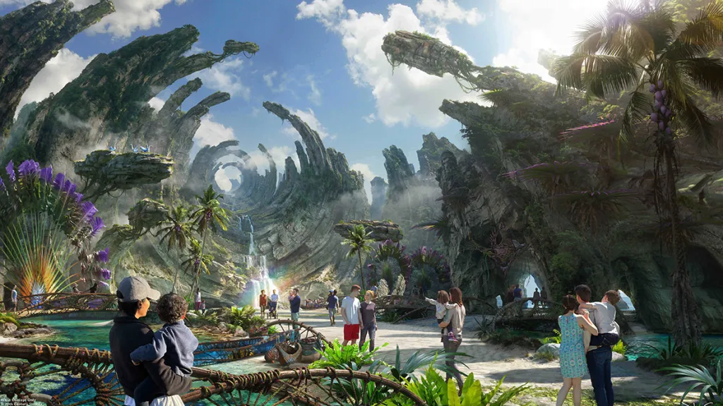 Illustration of the new Avatar experience coming to Disney California Adventure, with floating mountains, lush alien plants, and visitors walking through the landscape.
