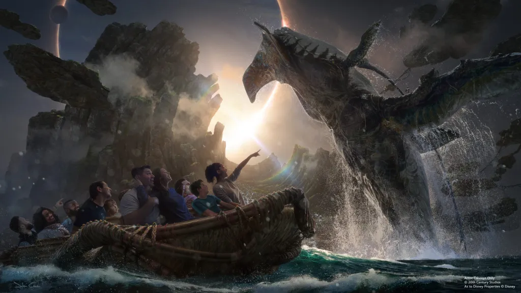Illustration of an Avatar boat ride with a large water creature.