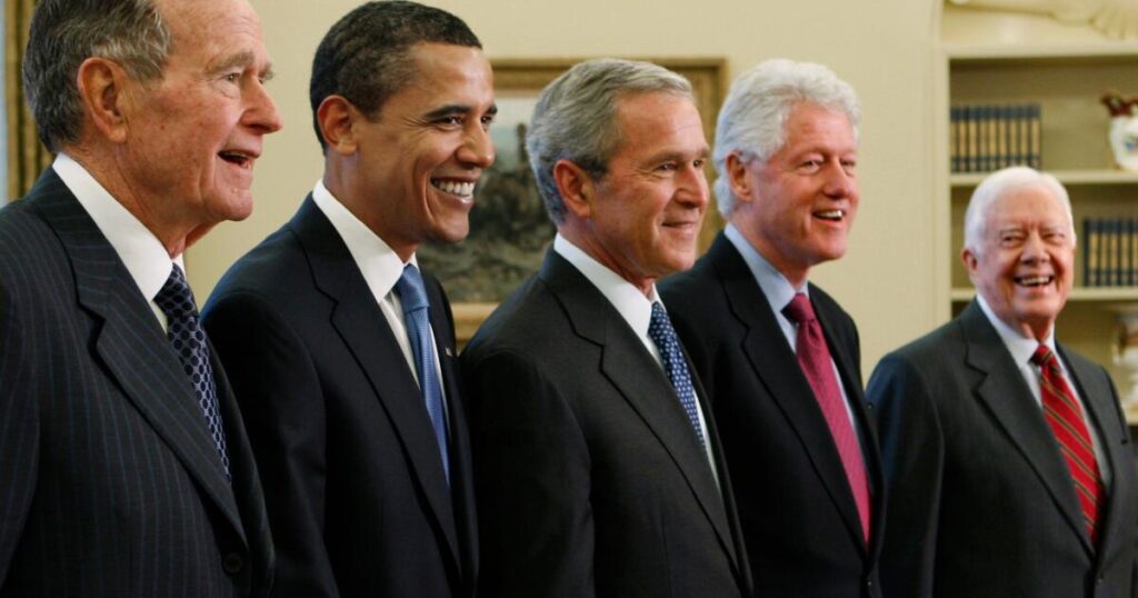Trump goes unmentioned but not ignored as Clinton, Bush and Obama step up as essayists on presidents