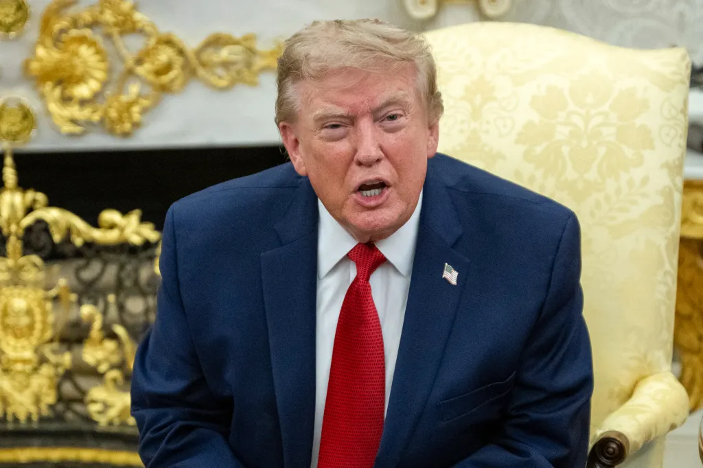 US President Donald Trump speaking in the Oval Office.