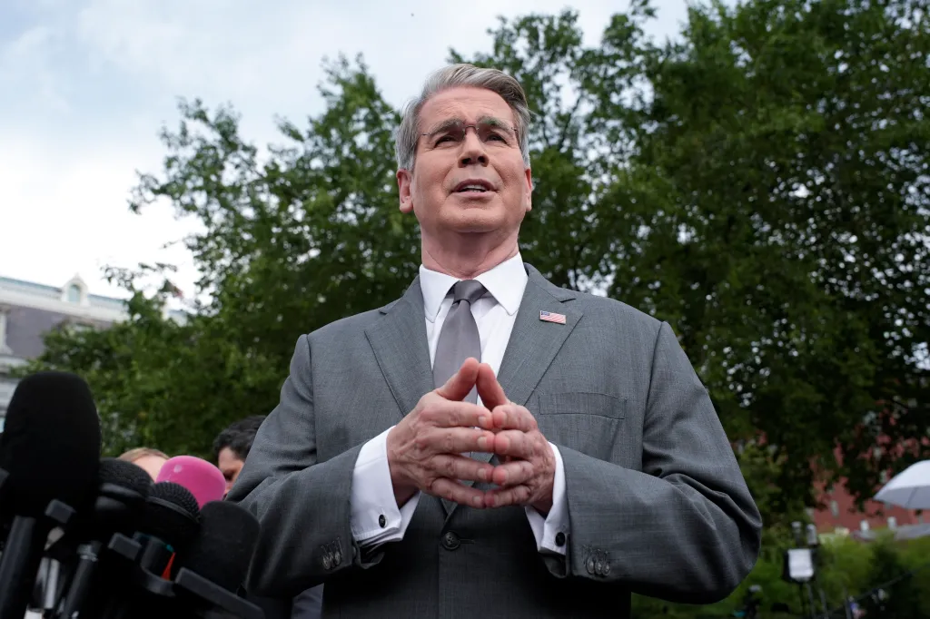 US Secretary of the Treasury Scott Bessent speaking to media outside the White House.
