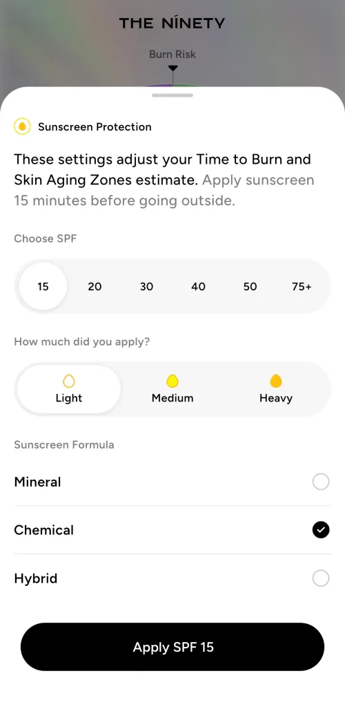 A UV wearable necklace app's Sunscreen Protection settings.