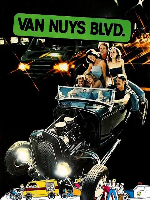 Illustration of a collage of a hot rod car with people in it, and the