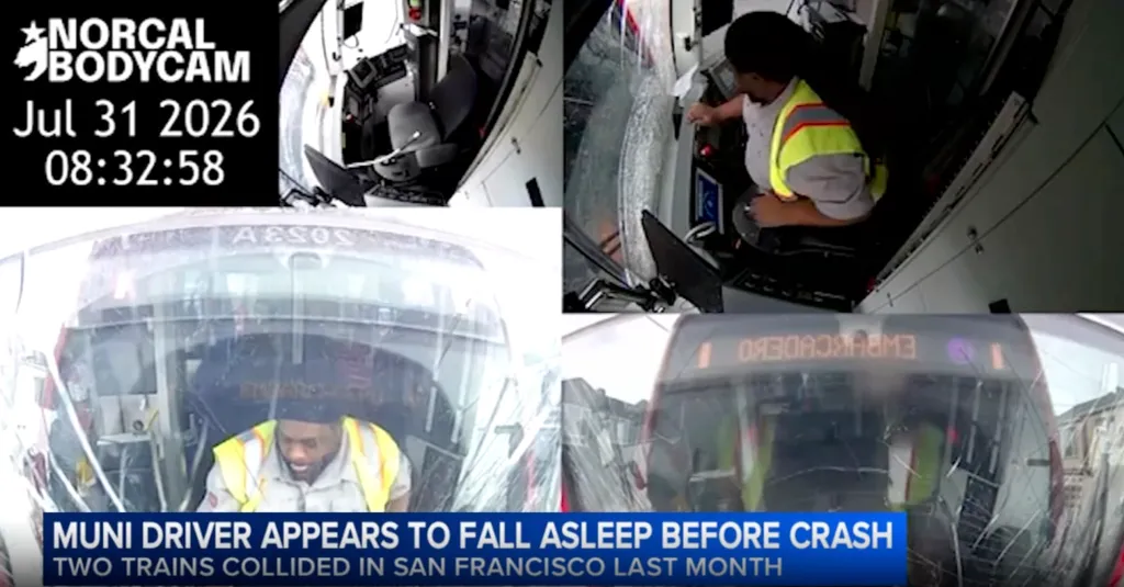 Collage of video stills showing a Muni operator appearing to fall asleep before two trains collided in San Francisco.