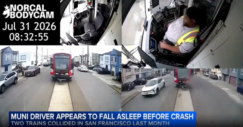 Collage of surveillance footage showing a Muni operator nodding off before a train collision.
