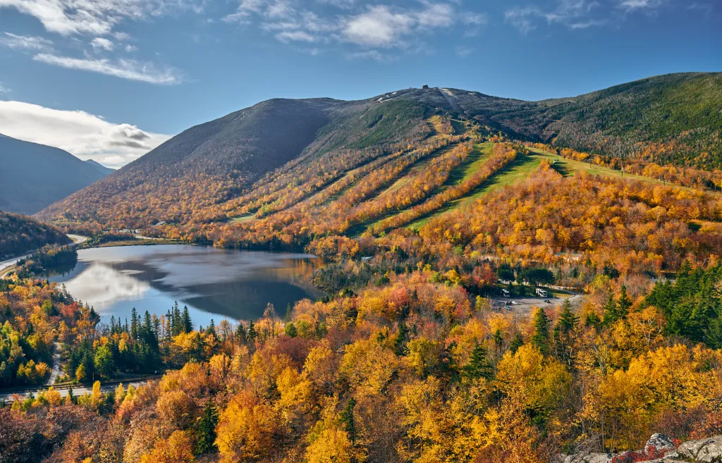A view of Echo Lake is seen from Artist's Bluff during autumn in Franconia Notch State Park in the White Mountain National Forest, New Hampshire, on Sunday, Oct. 14, 2018.