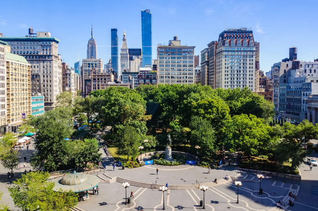 View of Union Square and the New York City skyline from a high vantage point.