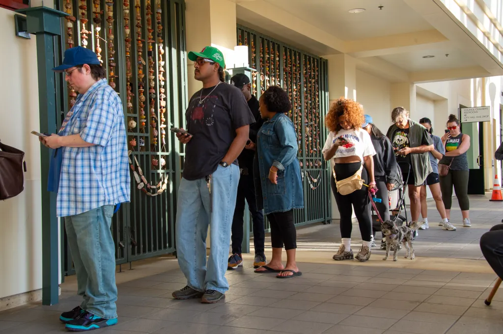 Voters waiting in line at a polling place in Culver City, California, during a statewide election.