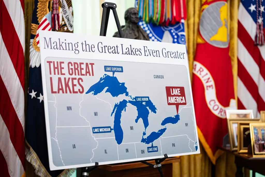 A map of the newly named Lake America is displayed in the Oval Office of the White House on Aug. 27, 2026.