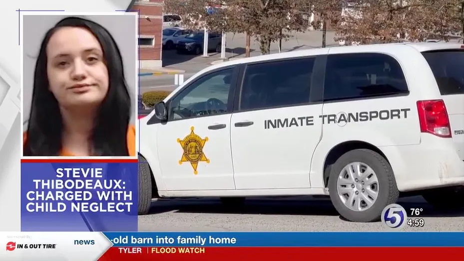 A split image showing Stevie Thibodeaux and an inmate transport van, with text indicating she is charged with child neglect.