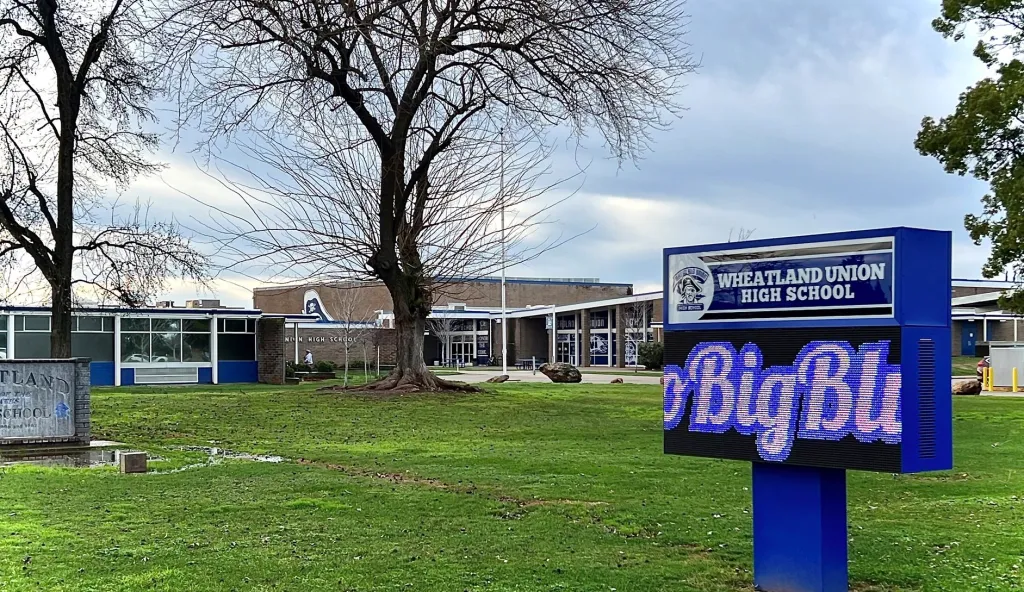 Wheatland Union High School in Yuba County with a digital sign displaying 