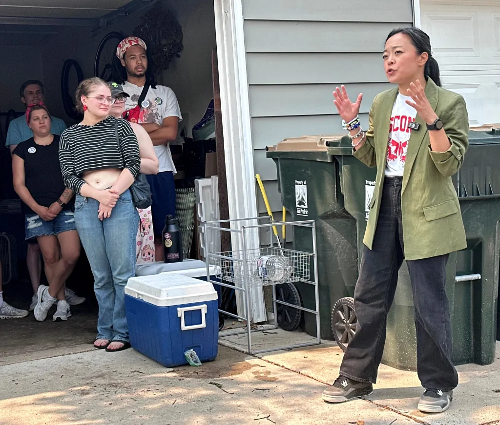 Wisconsin Democratic gubernatorial candidate Francesca Hong speaks to supporters in Sun Prairie.