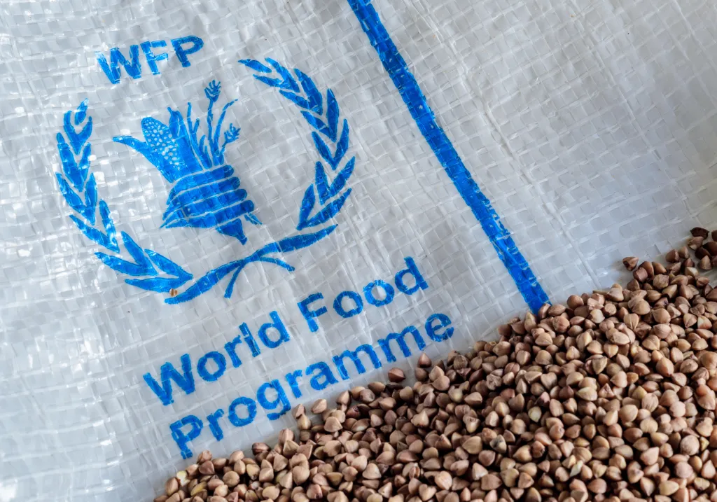World Food Programme bag with buckwheat grains.