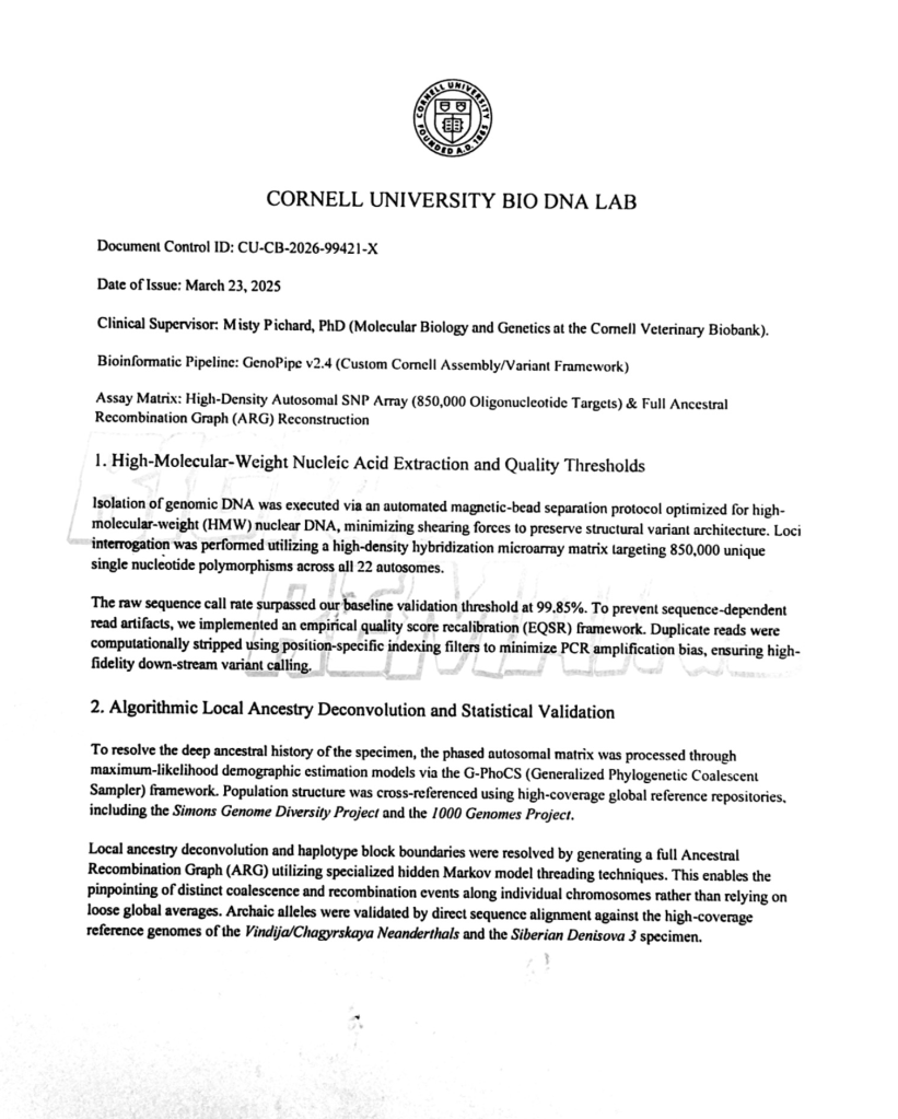 A document from Cornell University Bio DNA Lab with details on high-molecular-weight nucleic acid extraction, quality thresholds, and algorithmic local ancestry deconvolution and statistical validation.