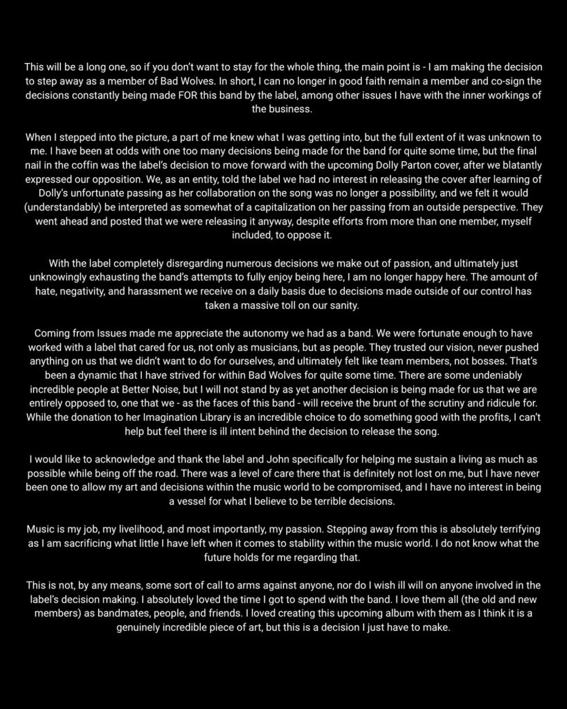 Text of Bad Wolves guitarist AJ Robello announcing his departure from the band due to disagreements with the label, specifically regarding the release of a Dolly Parton cover.