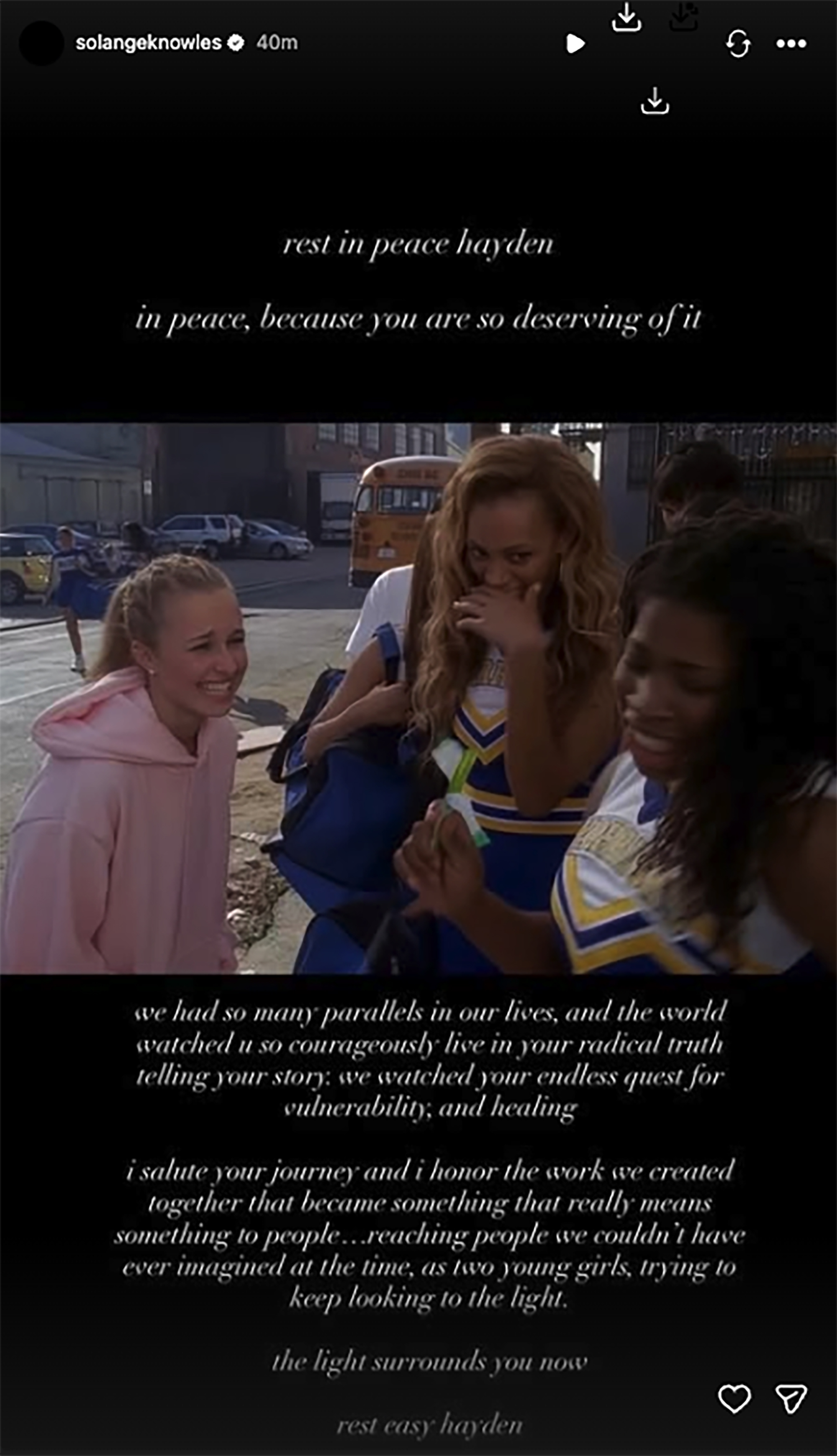 Collage of an image of Hayden Panettiere and two cheerleaders, and text from Solange Knowles.