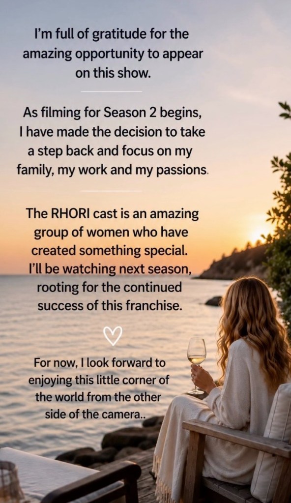 Screenshot of text from Liz McGraw about her departure from RHORI with a background image of a woman relaxing by the sea at sunset.