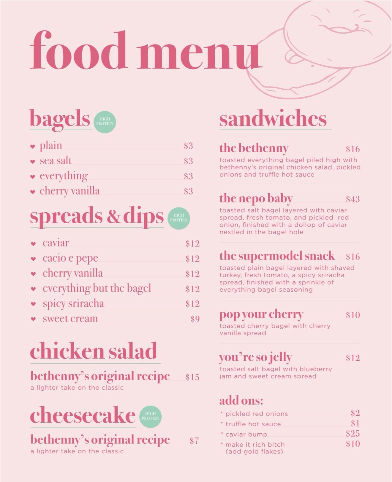 Illustration of a cafe menu on a pink background with a bagel sketch, showing sections for bagels, spreads & dips, sandwiches, chicken salad, cheesecake, and add-ons.