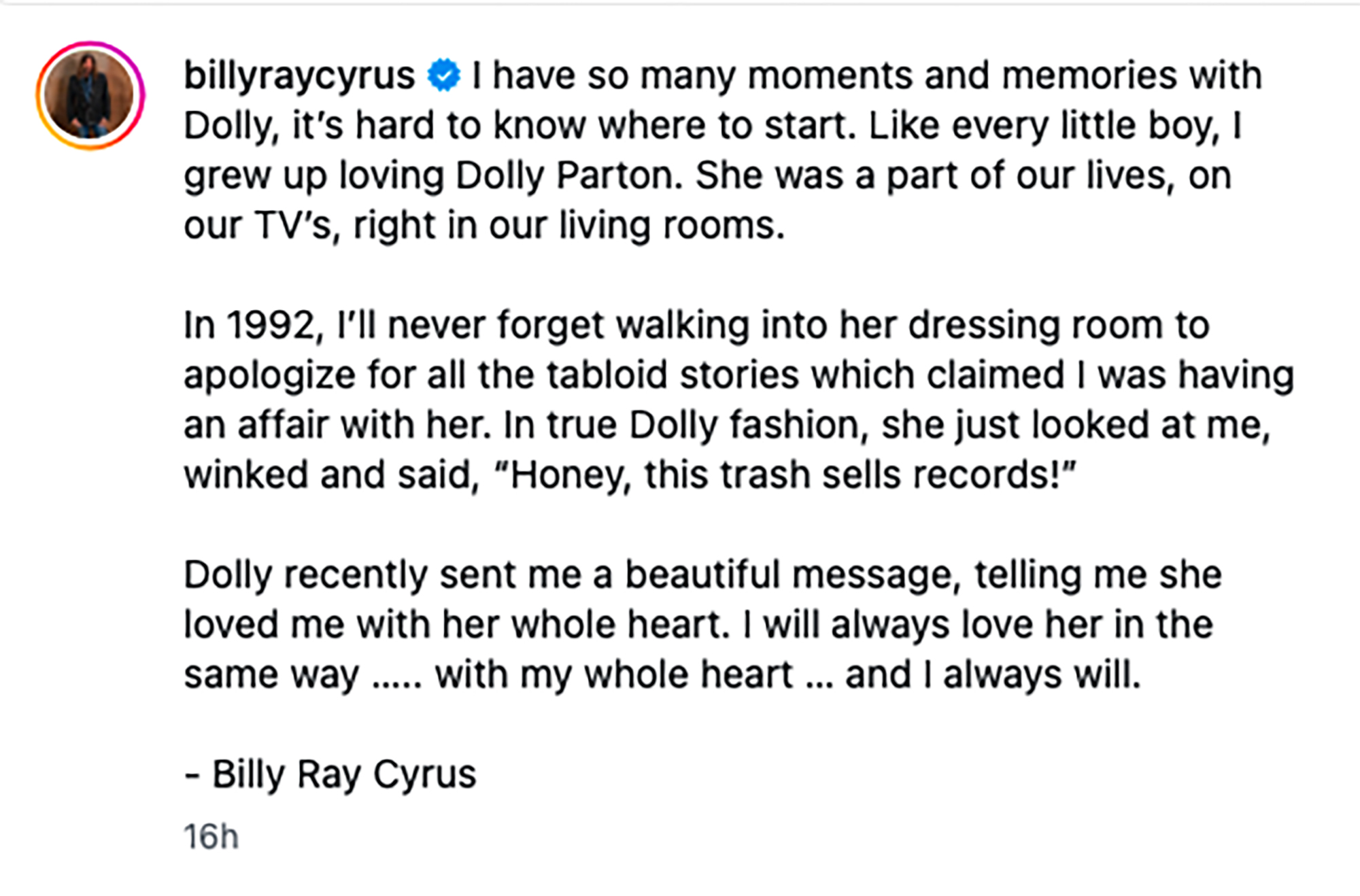 Billy Ray Cyrus tribute to Dolly Parton