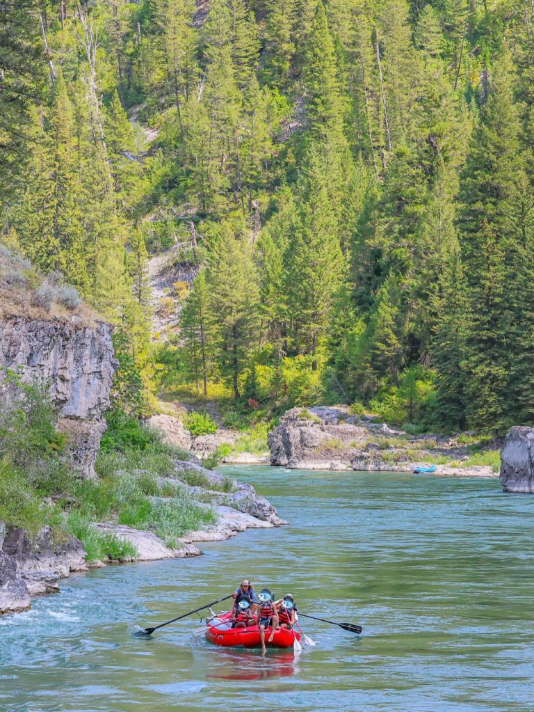 Sandra Bullock and her children rafting on a river.